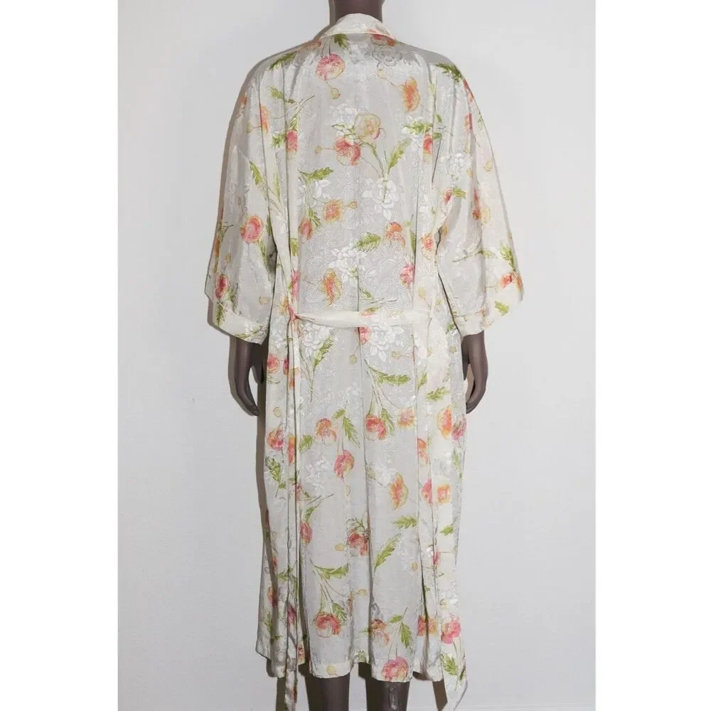 Vintage Floral Satin Maxi Robe Loungewear Womens Size Large
